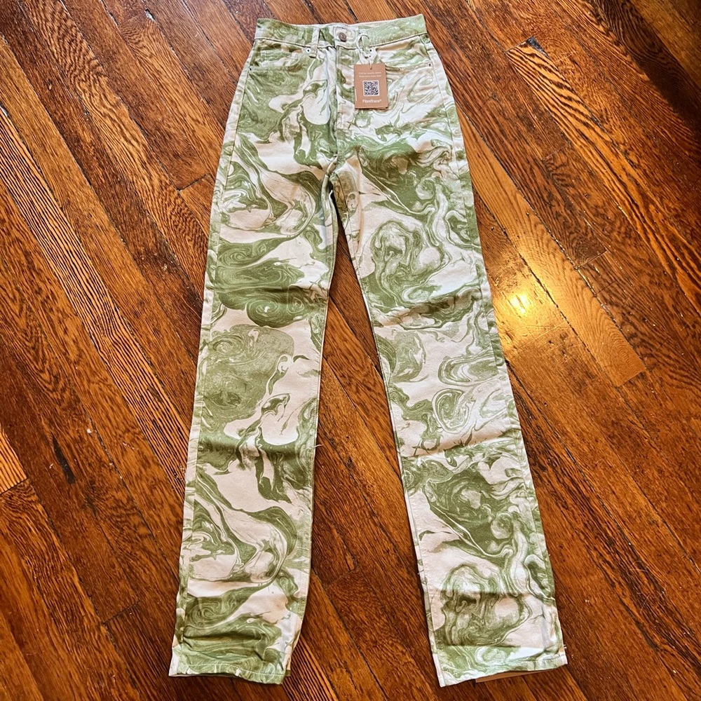 Reformation Marble High Rise Long Jeans Size 23 Avocado Swirl Print NWT